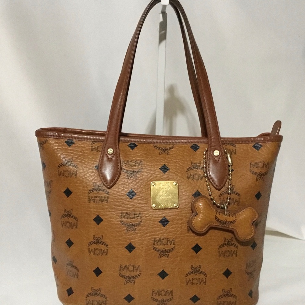 Authentic MCM Brown Visetos Logo Mini Tote with Gold Plaque